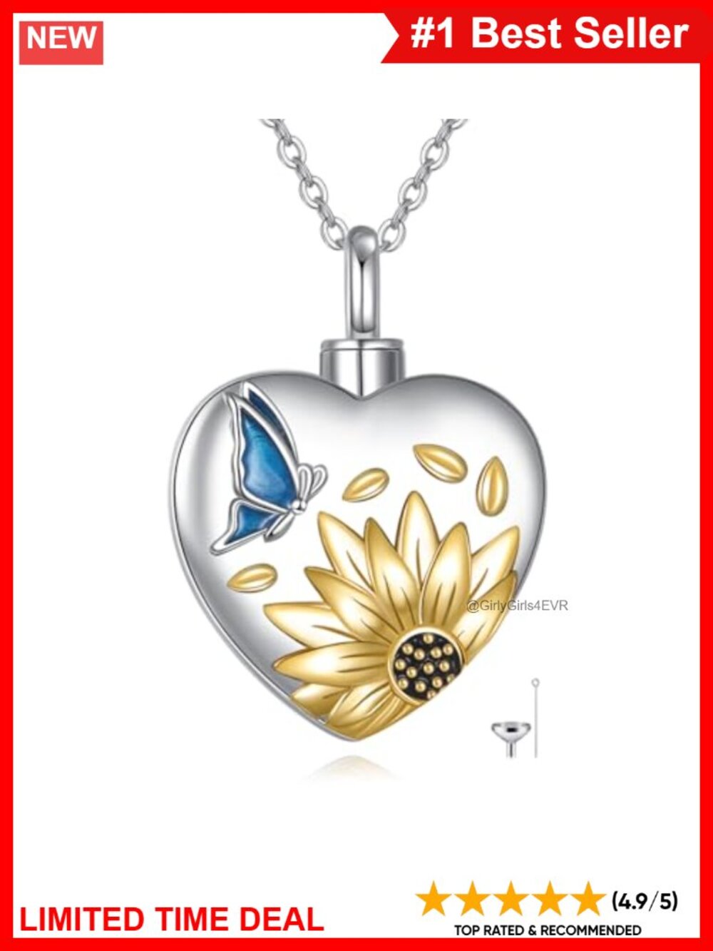 Sunflower Butterfly Urn Necklace 925 Sterling Silver Keepsake Memorial Pendant